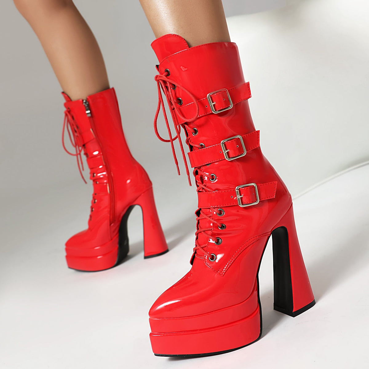 Platform Pointed Toe Belt Buckle Mid Calf Boots