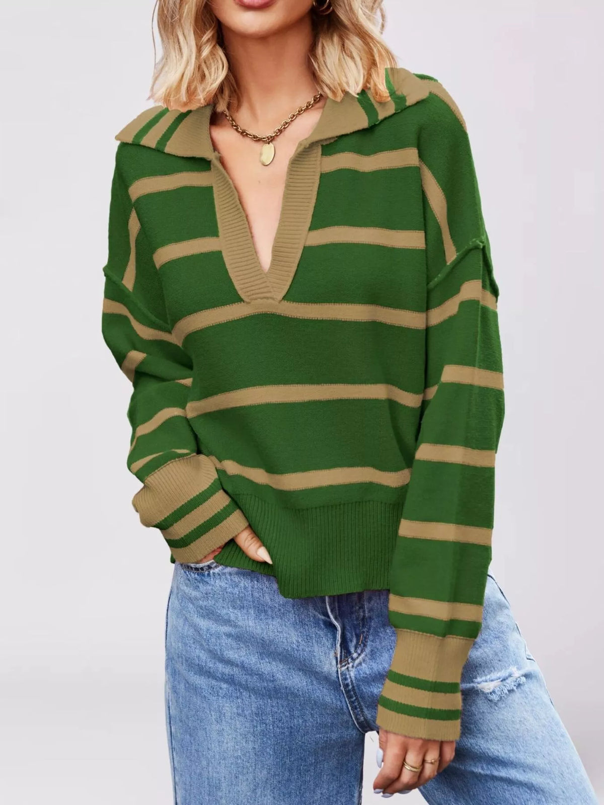 Striped Johnny Collar Dropped Shoulder Sweater