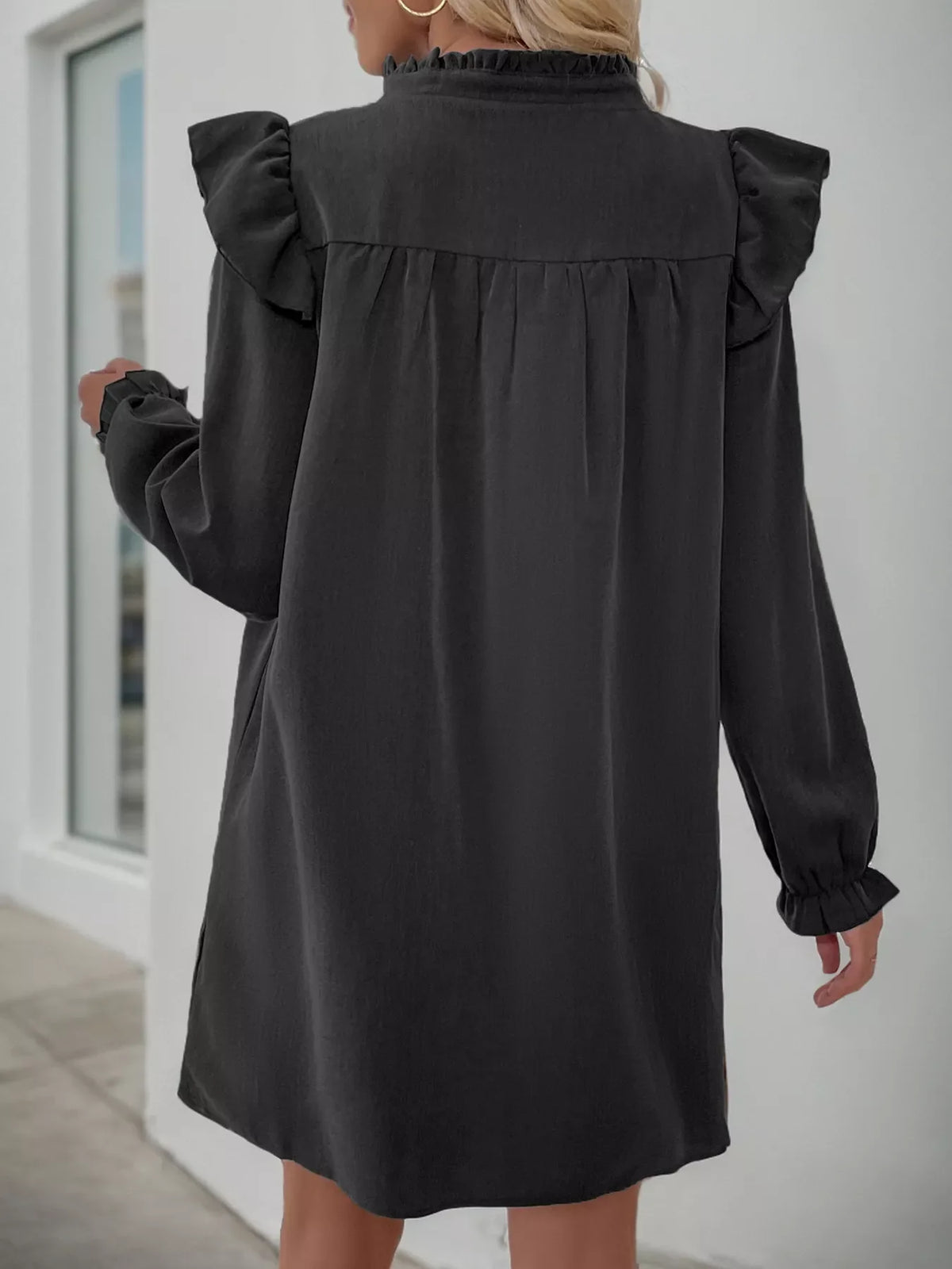 Ruffled Notched Flounce Sleeve Dress