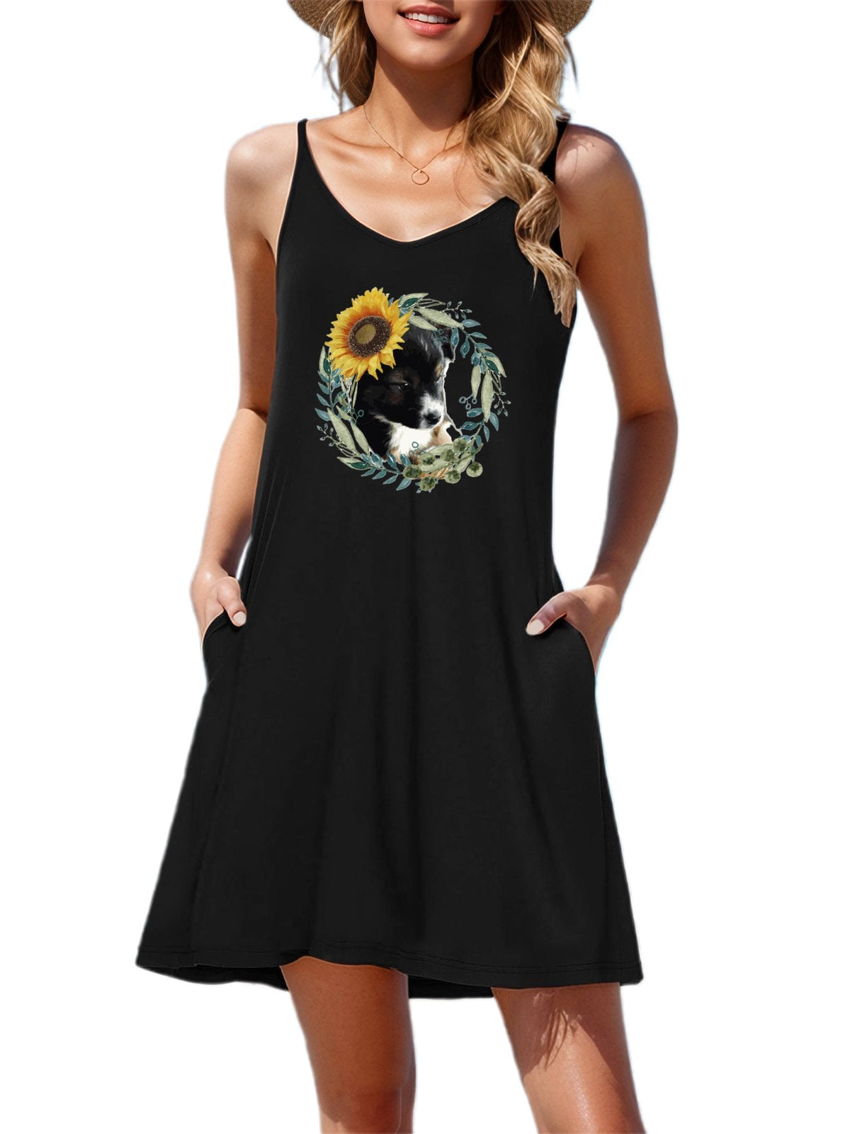 Cute Black Puppy Sleeveless Short Cami Dress (Front Printing)