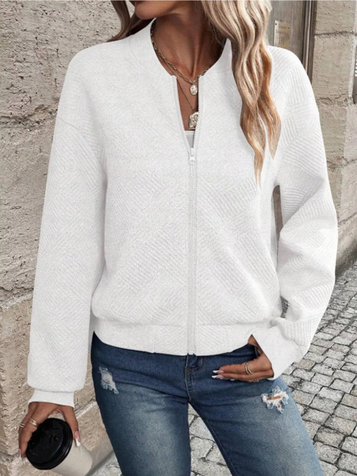 Textured Knit Zip-Up Bomber Jacket