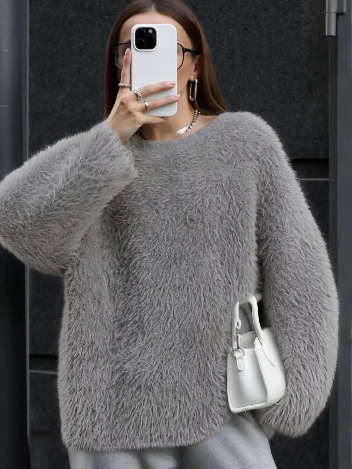 Fuzzy Round Neck Long Sleeve Sweater