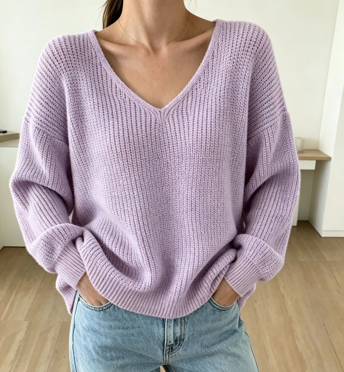 Thickened Long-sleeved Loose-fit V-neck Pullover Sweater For Women