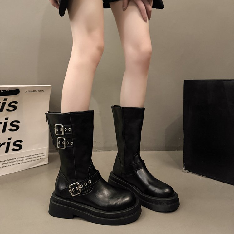 Women Fashion Boots Soft Leather Belt Buckle Flat Heel Western Cowboy Boots Summer New Retro Round Toe Mid Calf Knight Boots For Women