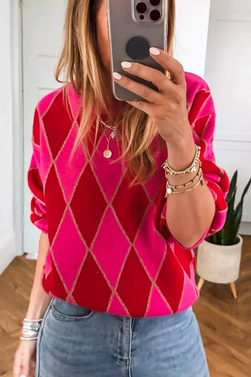 Argyle Pattern Long Sleeve Sweater