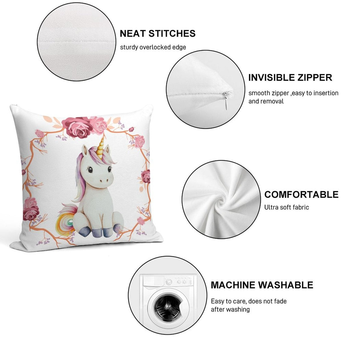 Baby Unicorn with Pink Roses 2-Piece Ultra-Soft Pillowcase Set - 18" × 18"