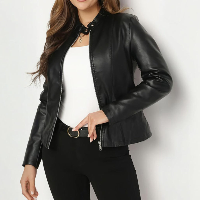 Blazer de piel sintética de manga larga y cuello alto de color liso para mujer