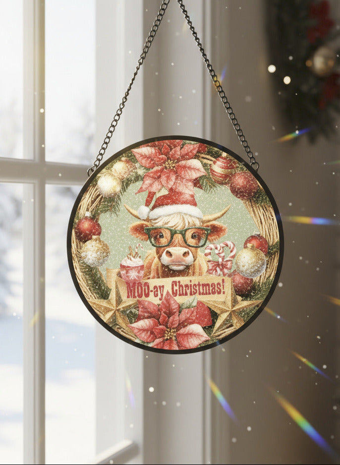 Moo-ey Christmas Highland Cow Suncatcher