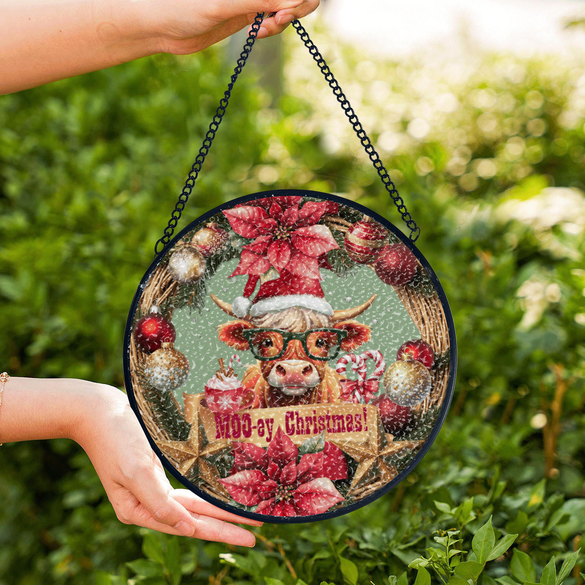 Moo-ey Christmas Highland Cow Suncatcher