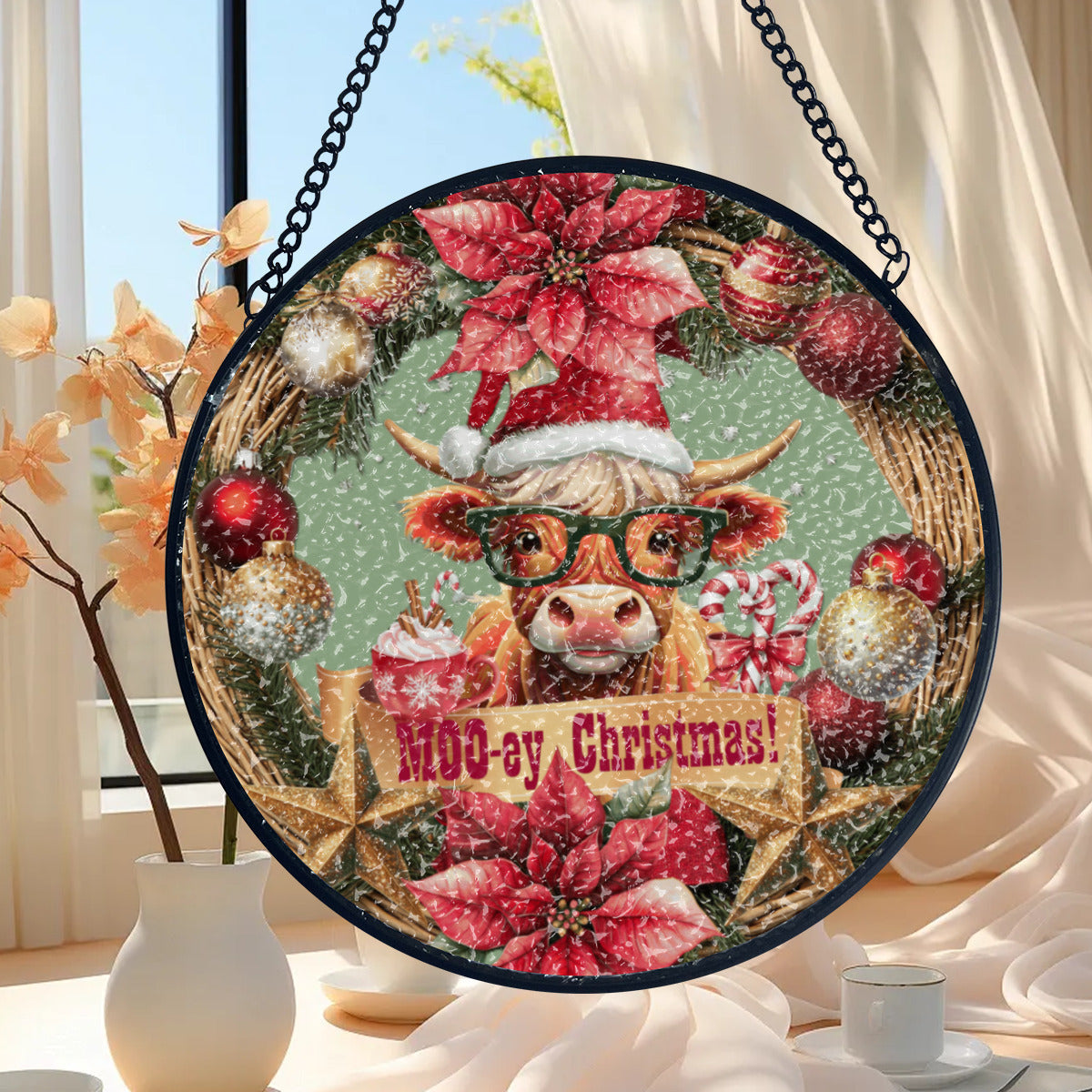 Moo-ey Christmas Highland Cow Suncatcher