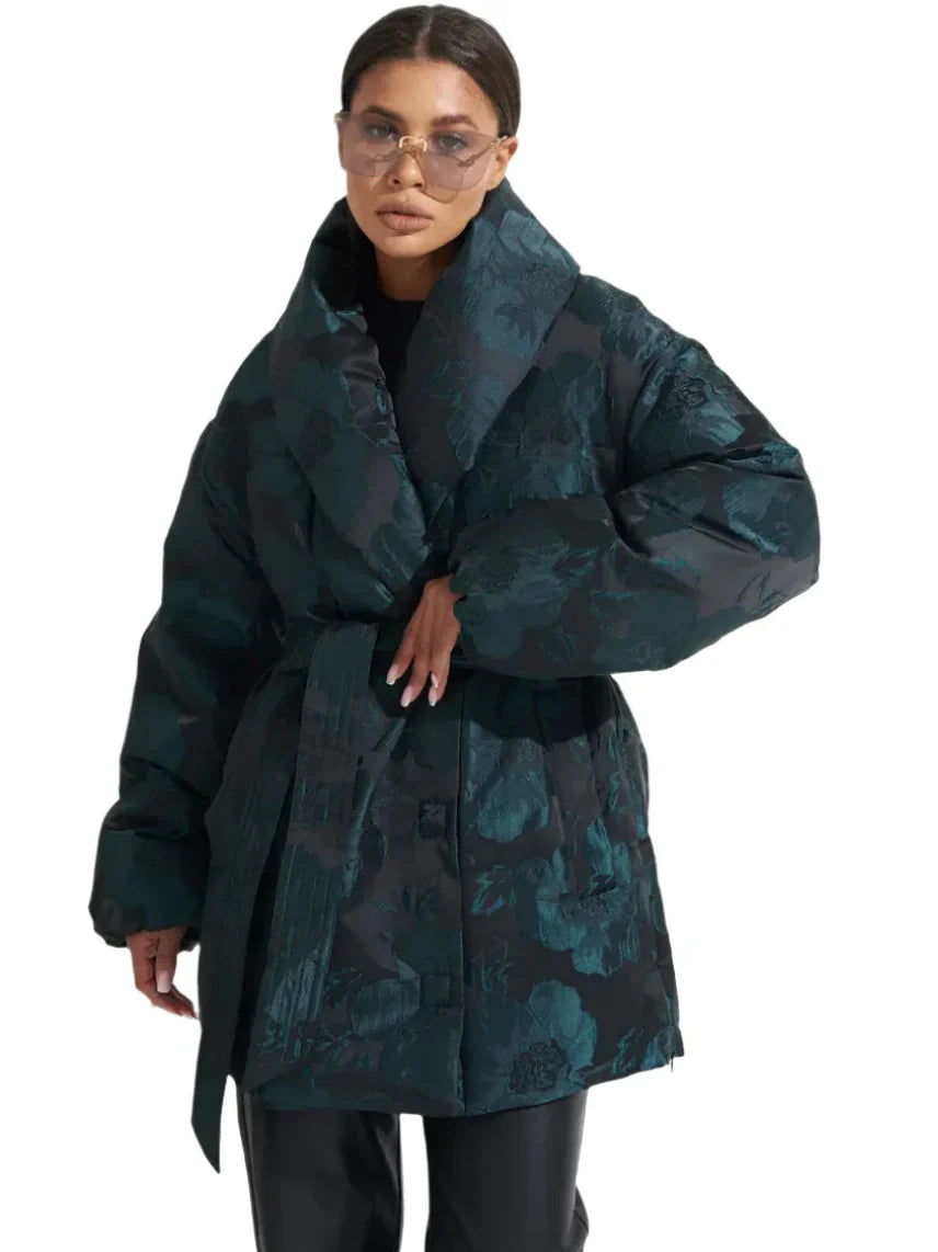 Abrigo de Plumón Jacquard Monocromático en Verde Esmeralda Vintage