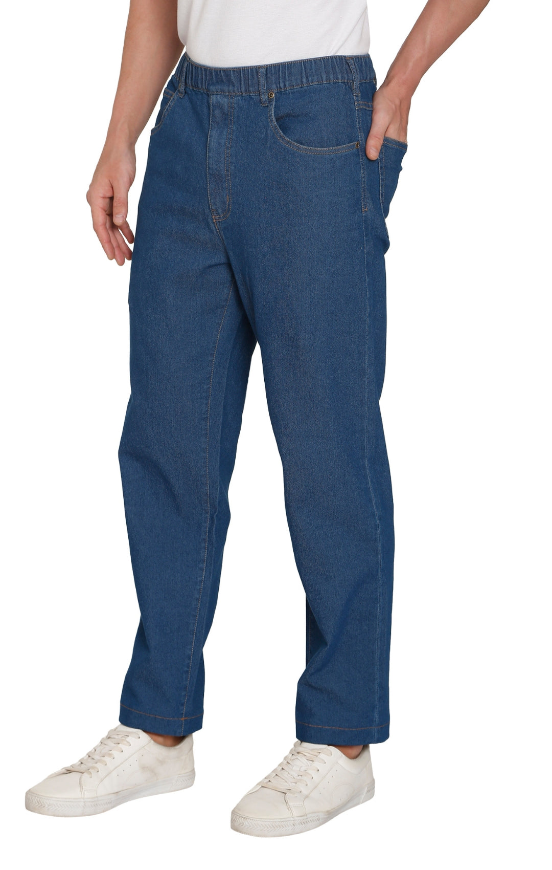 Pantalones vaqueros de mezclilla y sarga informales de hombre con cintura elástica sin cierre