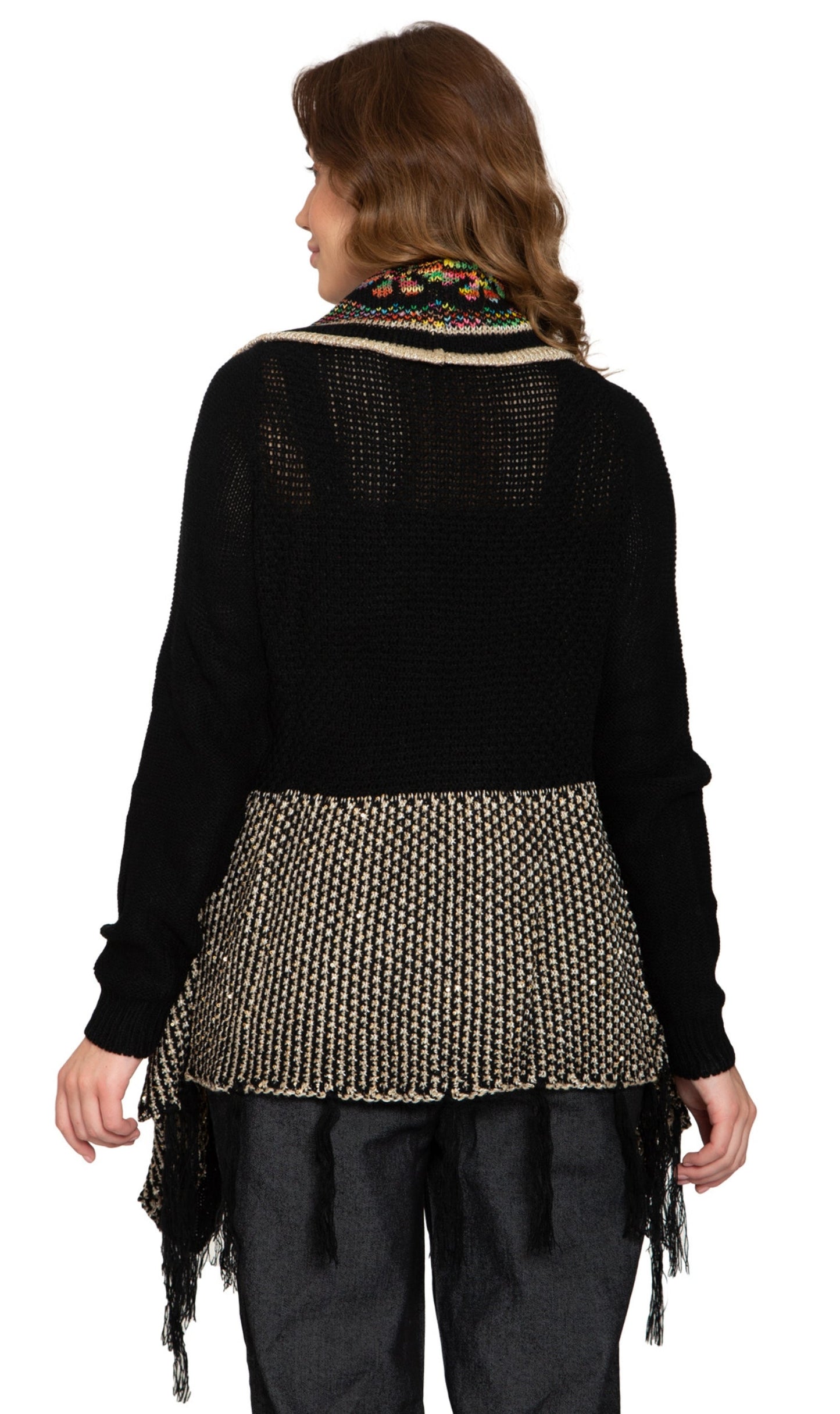 Cárdigan largo abierto de jacquard con flecos para mujer