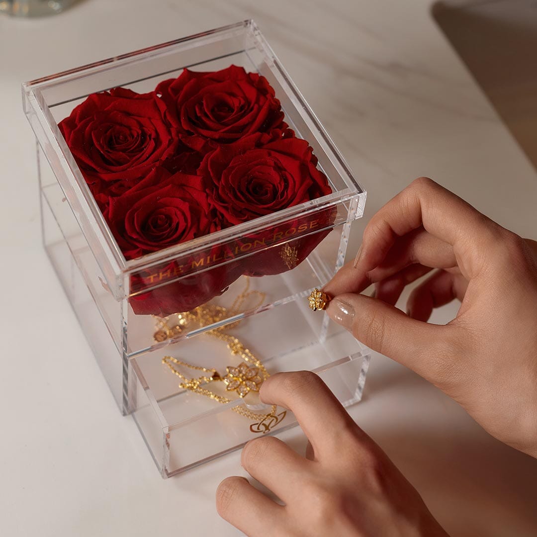 Caja Acrílica de 4 Cajones | Rosas Rojas