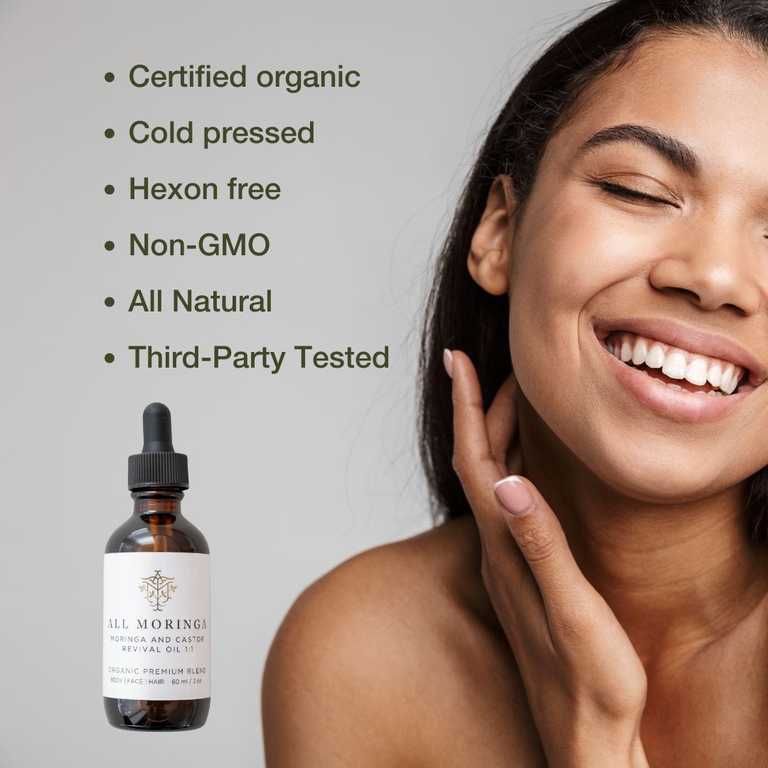 Premium Moringa & Castor Revival Oil with Vitamin E Cold Pressed Organic for Face, Body and Hair 2 oz