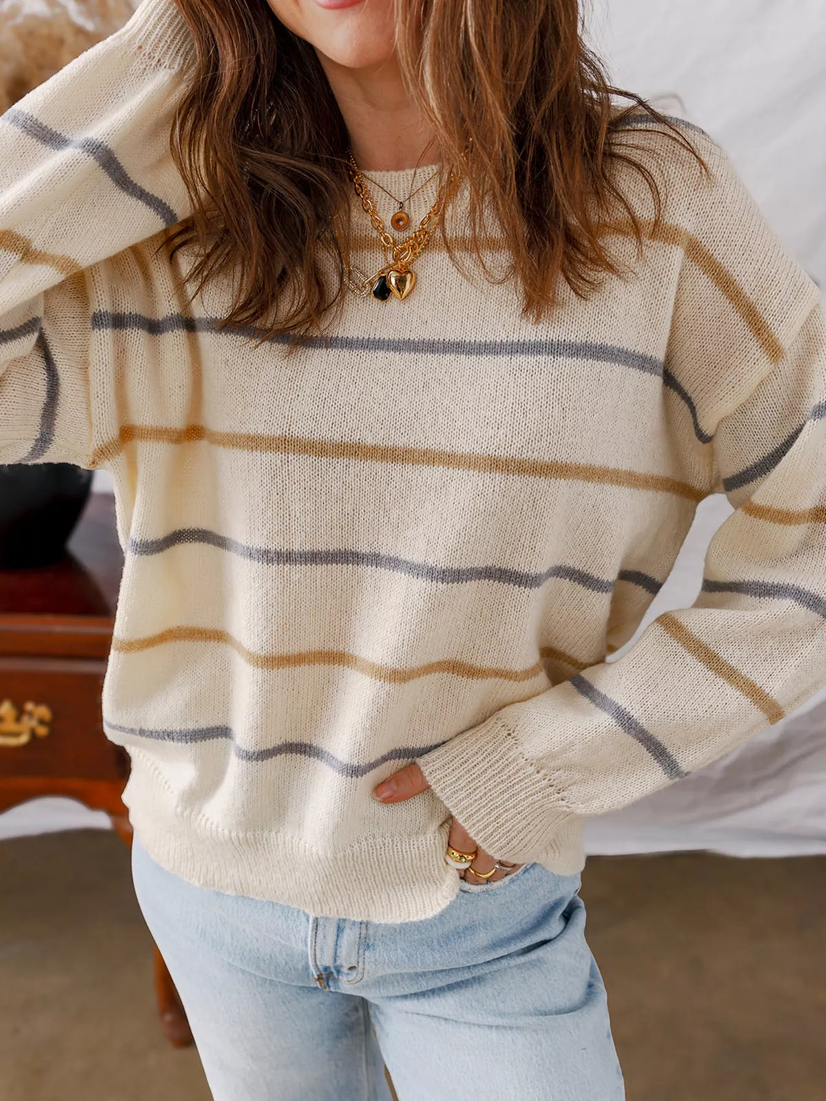 Stripe Striped Ribbed Edge Drop Shoulder Sweater