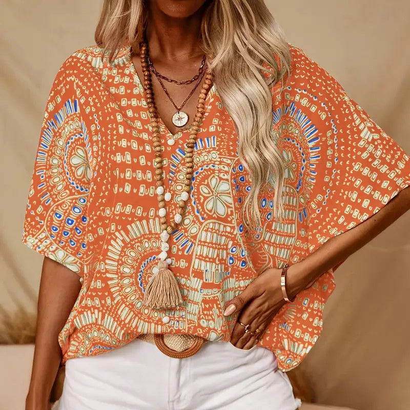 Blusa con cuello en V y estampado de mandala – Top casual de vacaciones