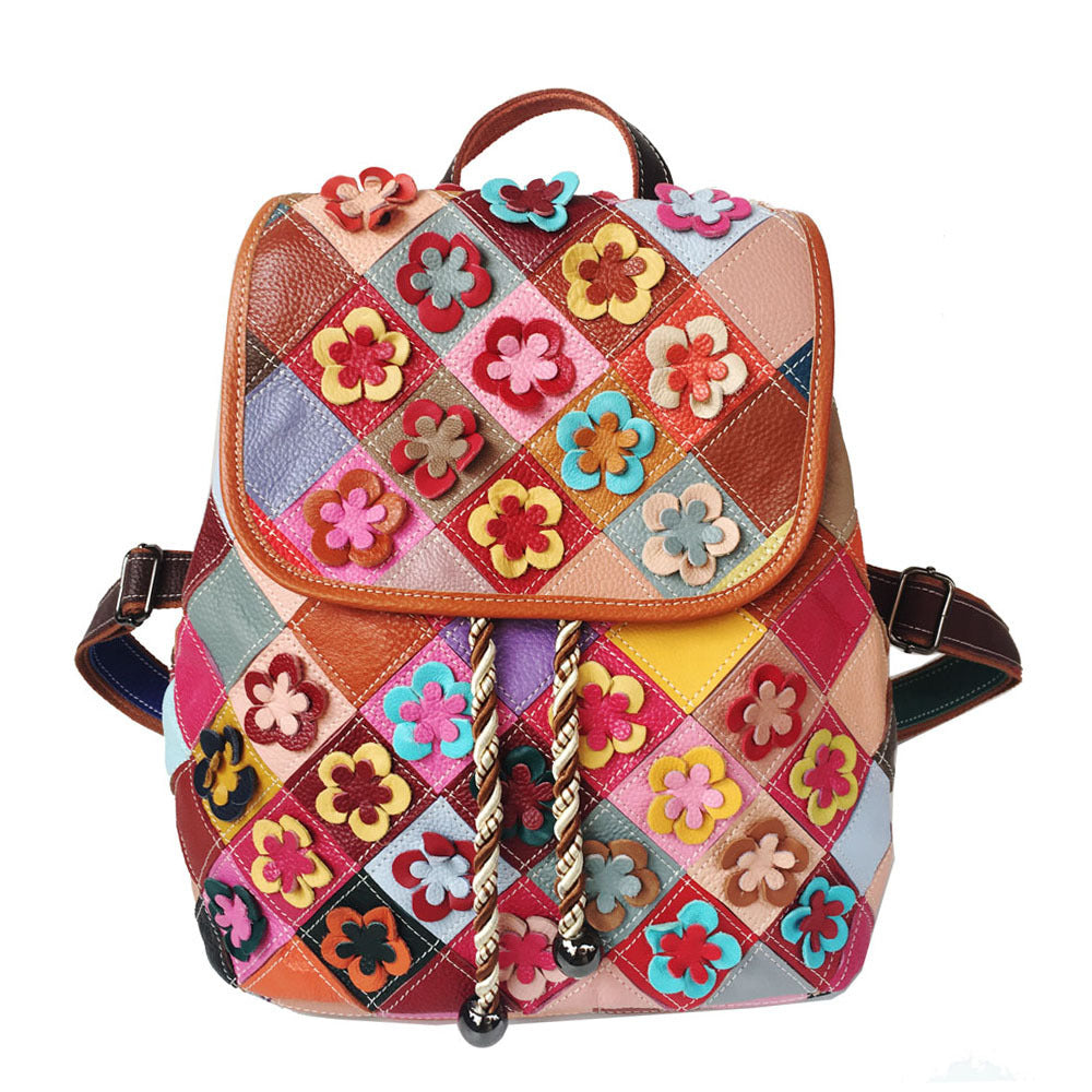 Stitching Rhombus Retro Women's Bag Leather Backpackage Backpack See size chart under “more details”