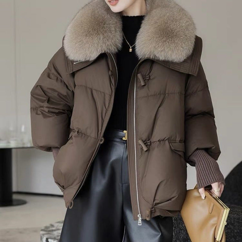 Chaqueta de plumón de algodón para mujer, corta, con cuello de piel, abrigo grueso, ropa de invierno