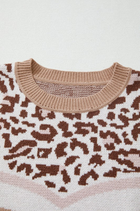 Suéter Colorblock con Estampado de Leopardo y Mangas Abullonadas