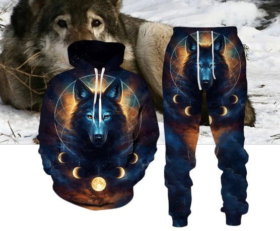 Traje de sudadera con capucha y pantalones con estampado digital de lobo para hombres y mujeres