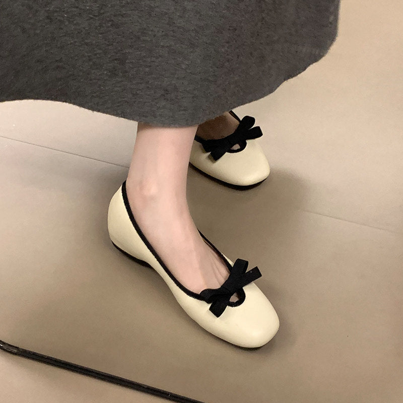 Women Elegant Round Square Toe Hidden Height Flats, Bow Decor Mary Jane Slip On Ballet Shoes, Matching Dress Casual Footwear 2026