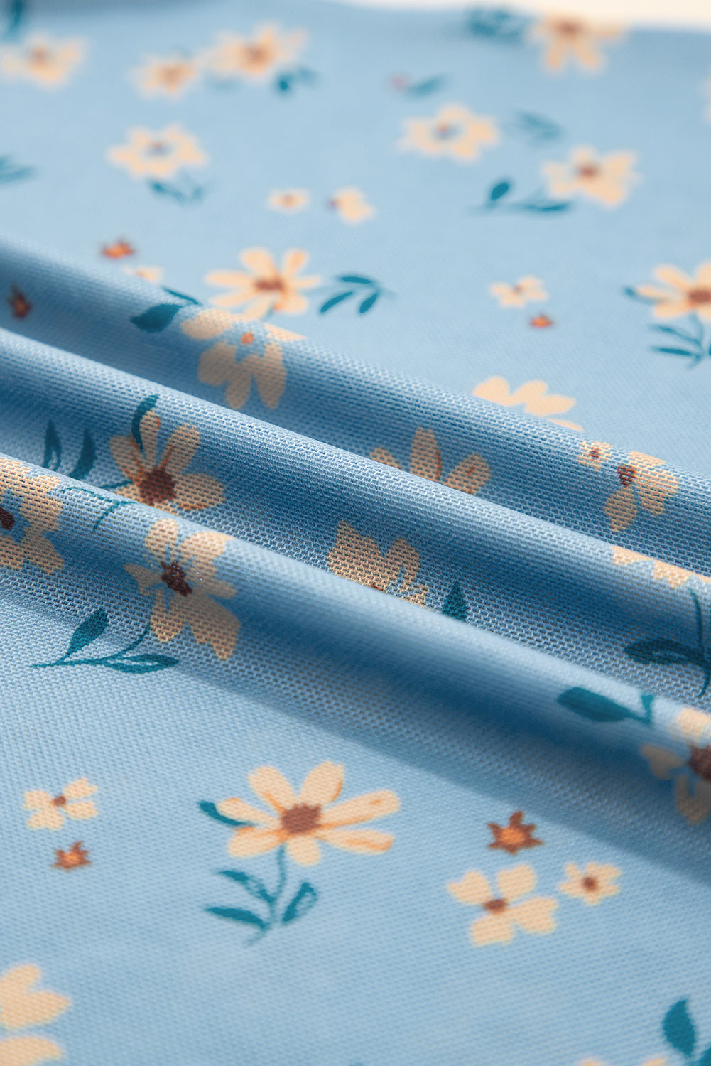Top de manga larga de malla estilo sureño con estampado floral vintage azul cielo