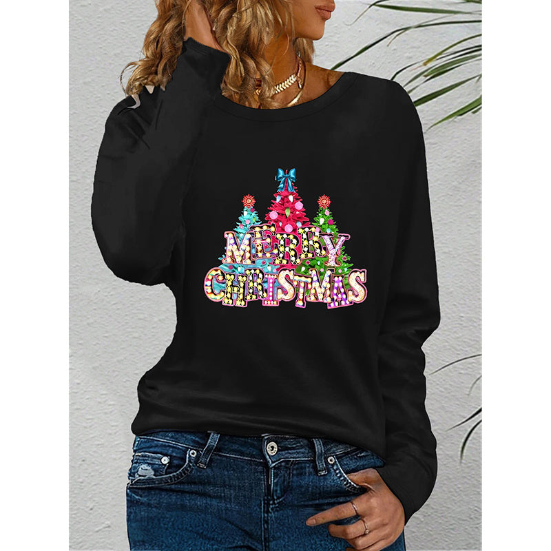Camiseta de manga larga "Feliz Navidad" para mujer – Camiseta con gráfico de árbol de Navidad adorable
