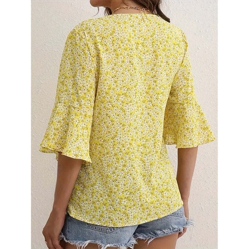 Blusas de verano con estampado floral y cuello en V para mujer con manga acampanada