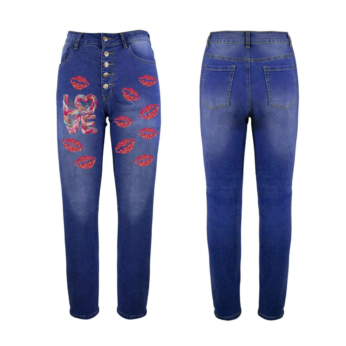 Women's Yarn Love and Red Lips Decorated Jeans with Front Printing