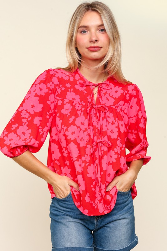 Haptics Blusa de Manga Globo con Lazo de Cinta Floral Talla Grande