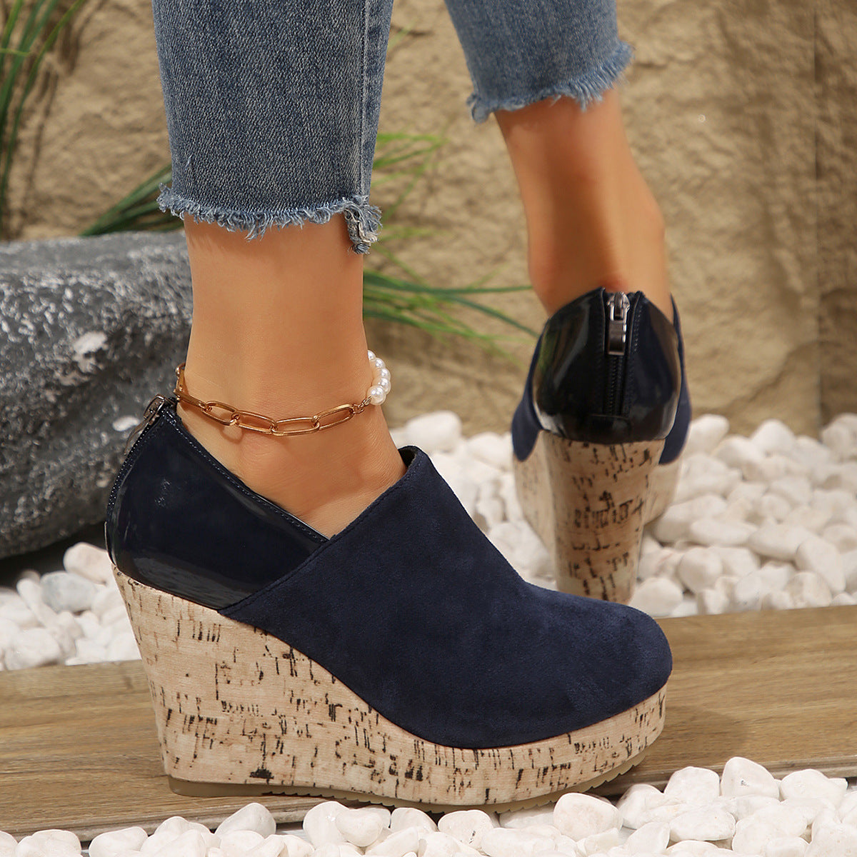 Women's Suede and Leather Patchwork Wedge Heels
