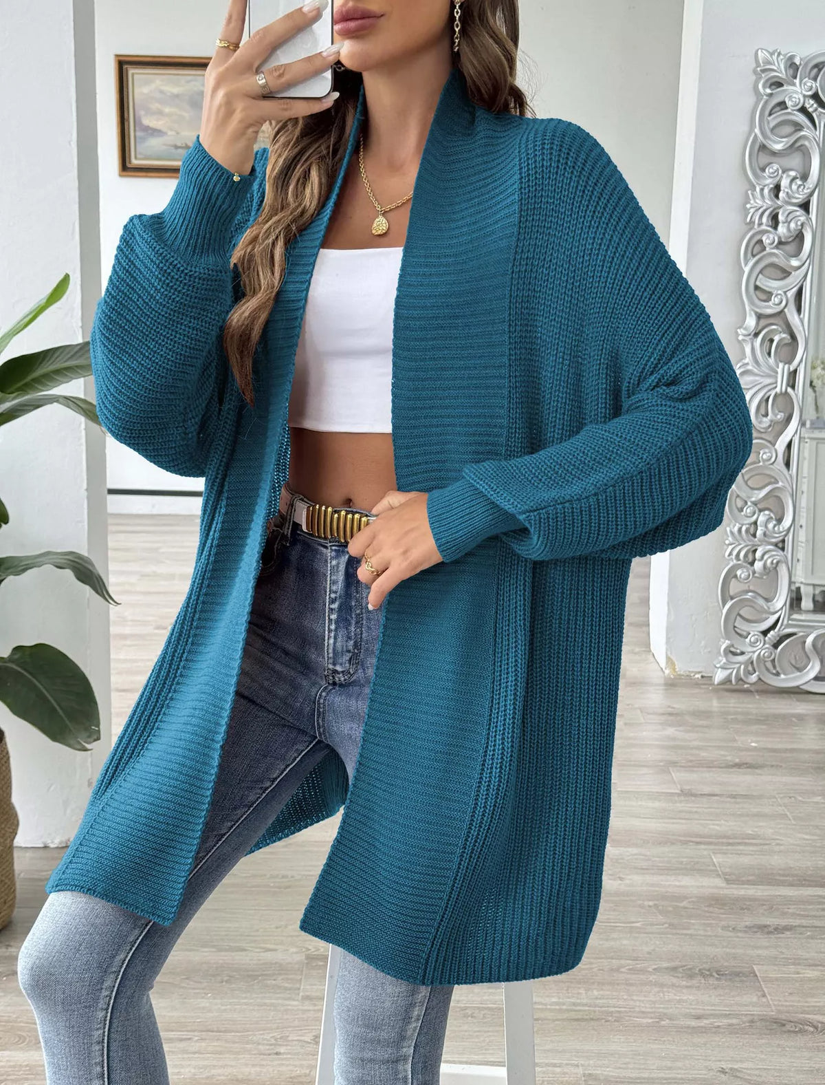 Open Front Ribbed Knit Cardigan