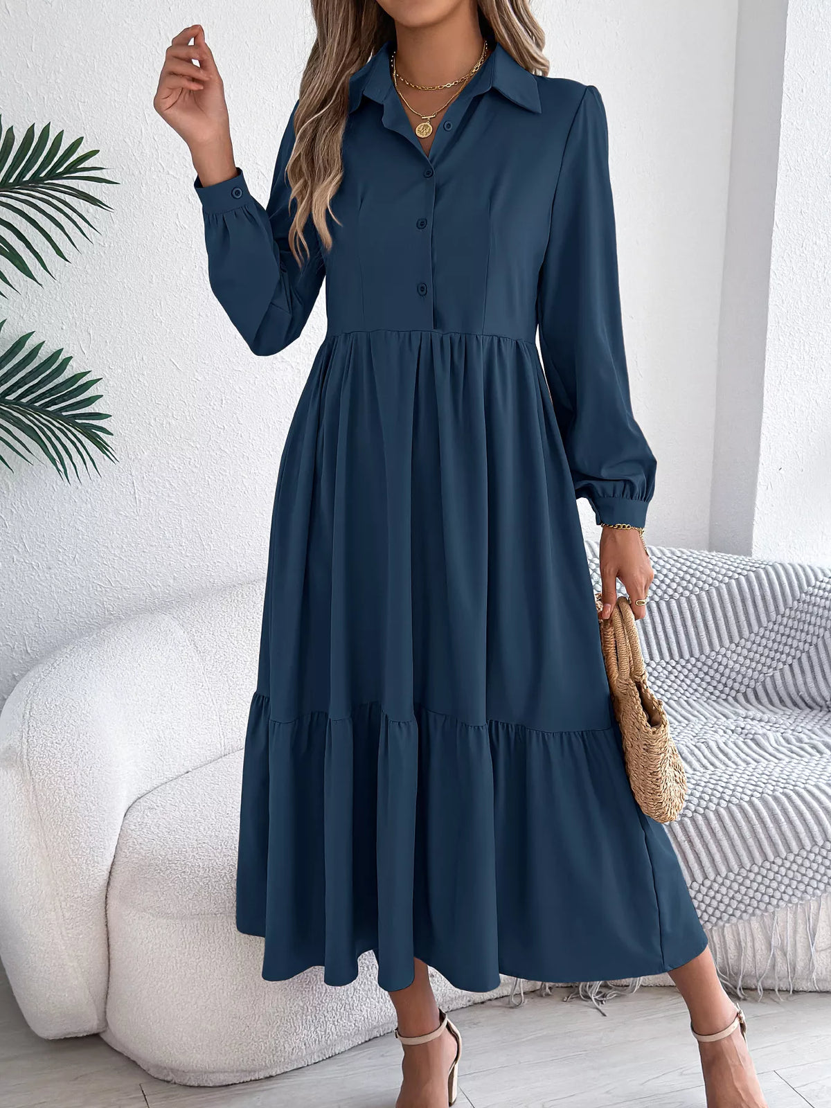 Long Sleeve Tiered Button Front Midi Dress