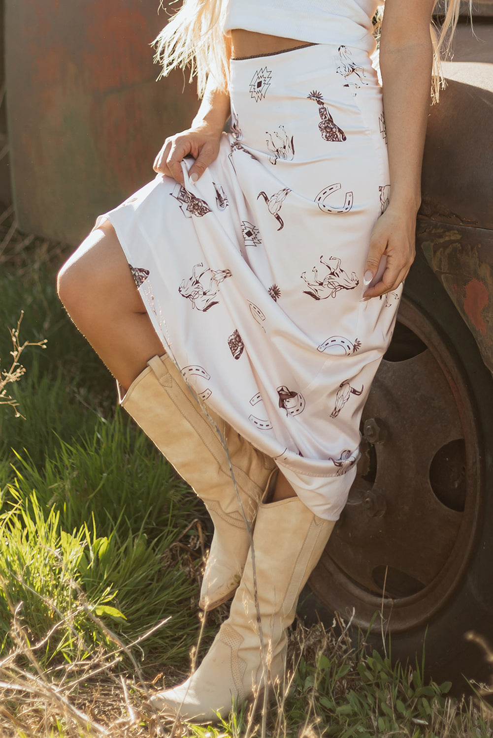 White Western Print Satin Long Skirt