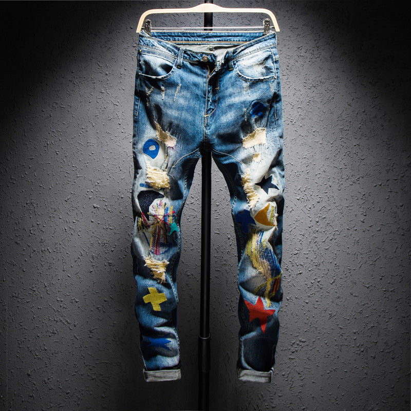 Colorful Embroidered Patchwork Denim Jeans