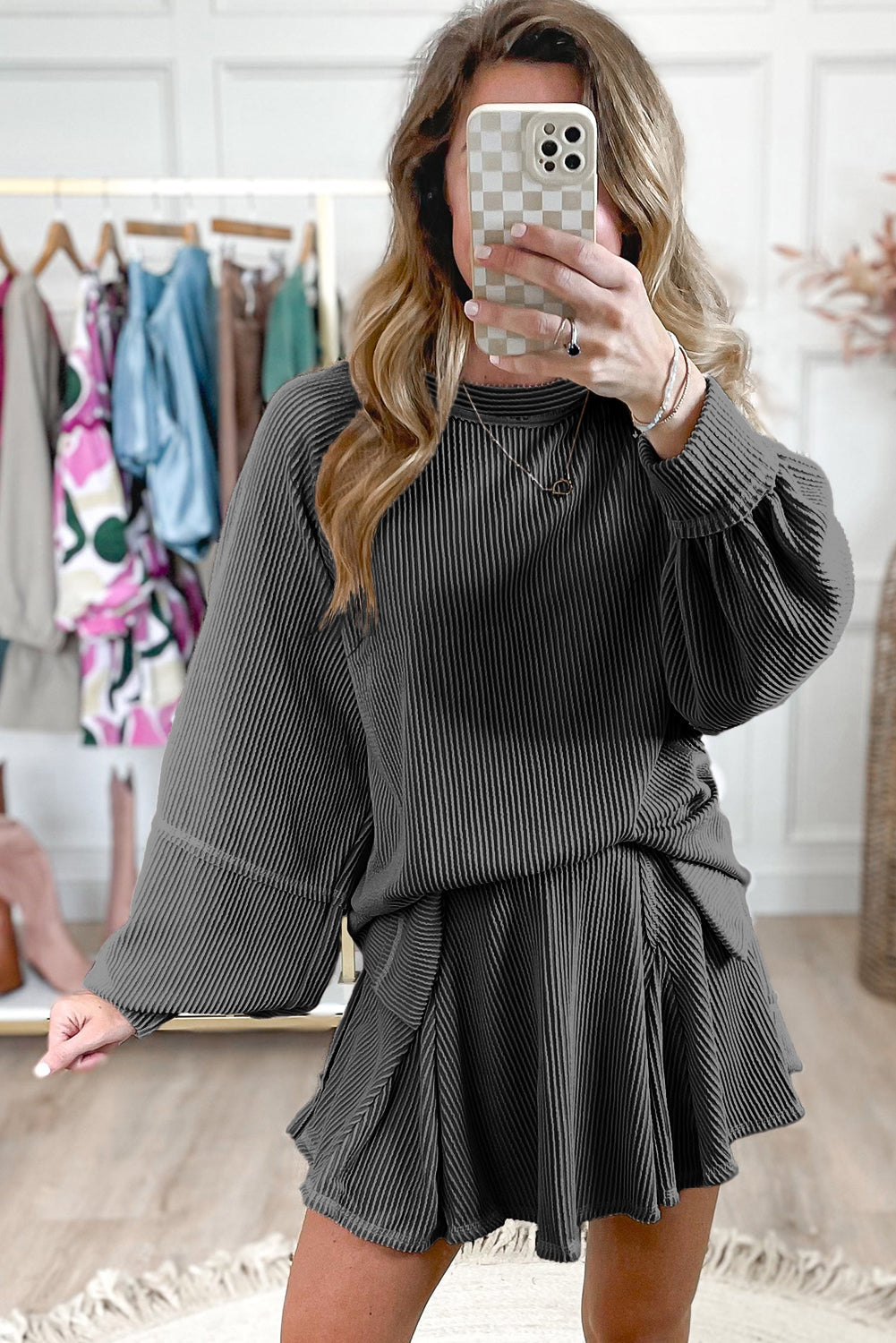 Mist Green Corded Bishop Sleeve Pullover and Ruffle Mini Skirt Set