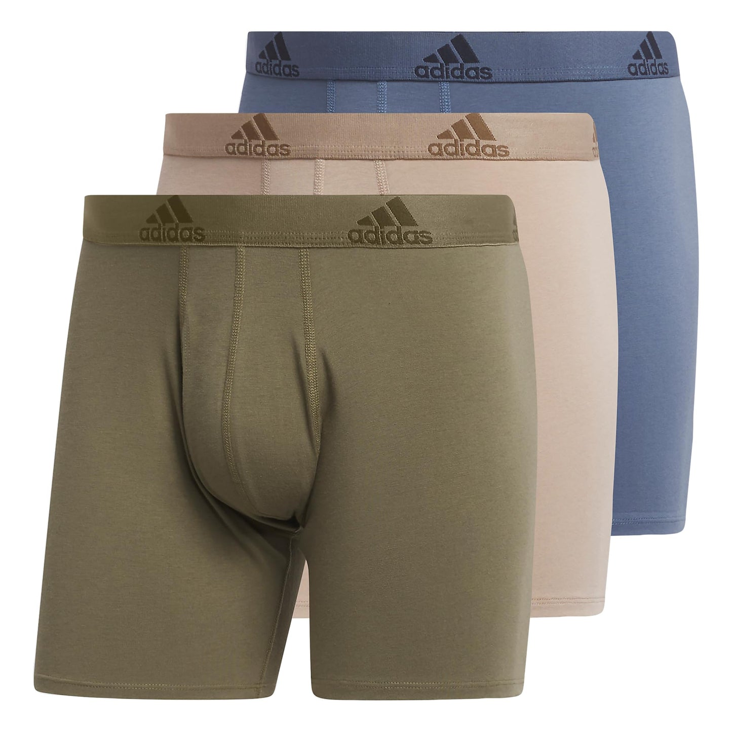 adidas Mens Performance Stretch Cotton Boxer Brief Underwear (3-Pack) Designed for Active Comfort and All Day wear Olive Strata Green/Chalky Brown/Preloved Ink Blue XX-Large