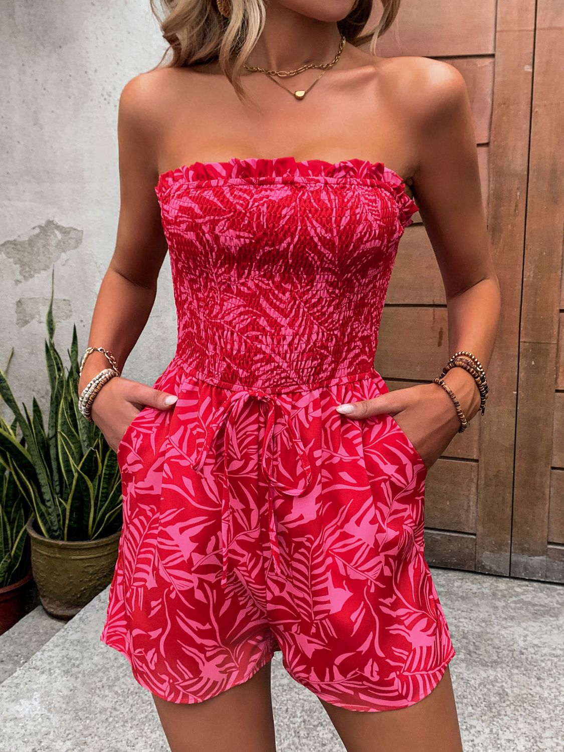 Pelele sin tirantes fruncido con estampado y bolsillos Perfee
