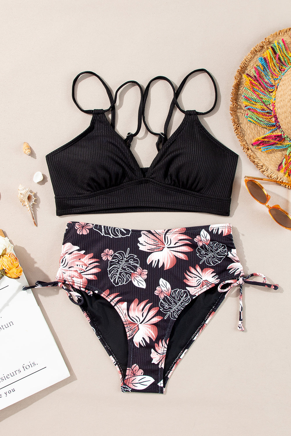 Traje de baño de bikini de 2 piezas de punto acanalado negro de cintura alta