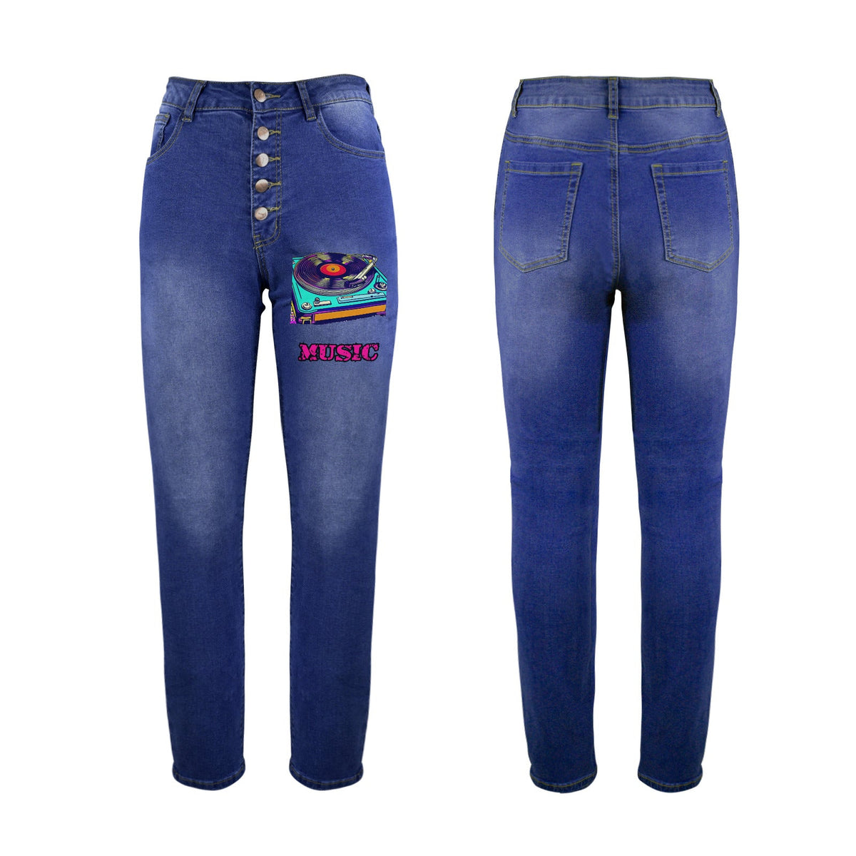 Women's Music and Turntable Decorated Jeans with Front Printing