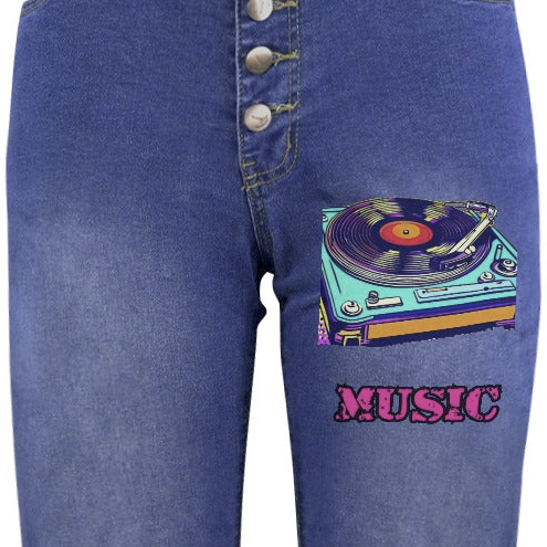 Women's Music and Turntable Decorated Jeans with Front Printing