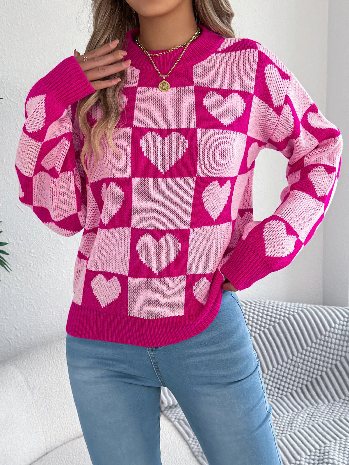 Heart Checkerboard Pattern Round Neck Sweater