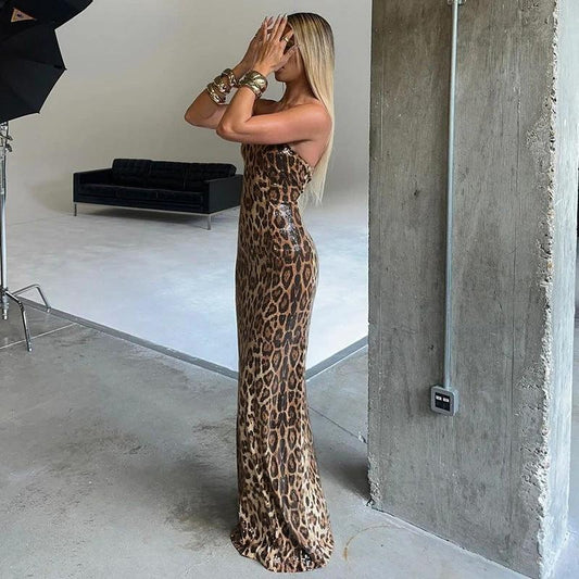 Vestido Tubo Sexy Estampado Leopardo Contraste de Color Europeo y Americano para Mujer