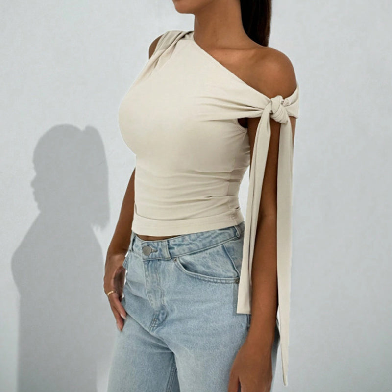 Top asimétrico con lazo en un hombro para mujer – Camisa para salir y fiesta