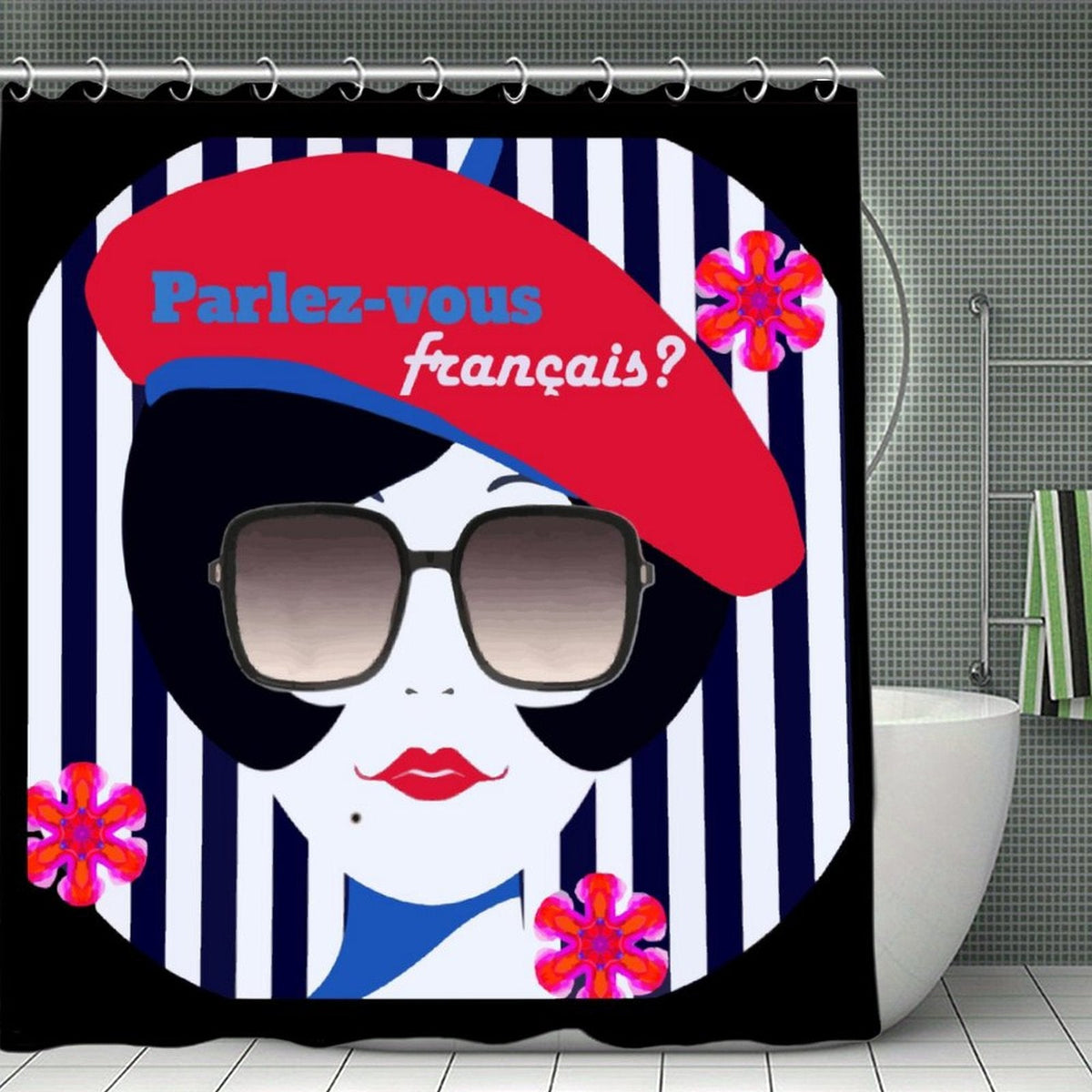 Parlez-vous Francais? French Girl Polyester Waterproof Shower Curtain