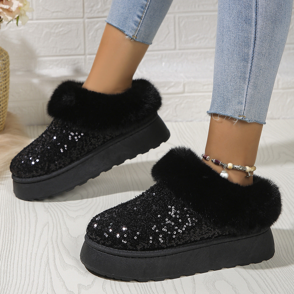 Sequined Plush-Lined Indoor-Outdoor Slippers