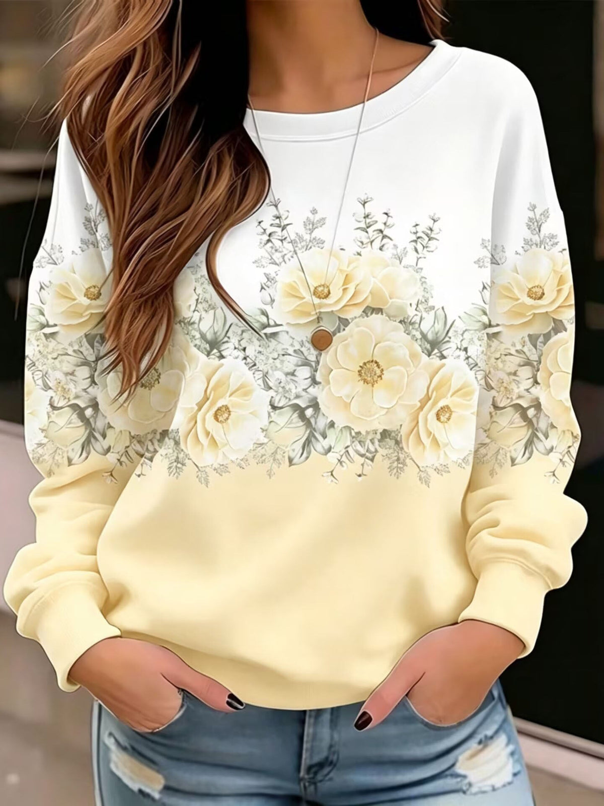 Women's Round-neck Floral Print Sweatshirt, Loose Fit, Dropped Shoulders, Long Sleeves, Casual Pullover Top, Patchwork Design With Contrasting Colors