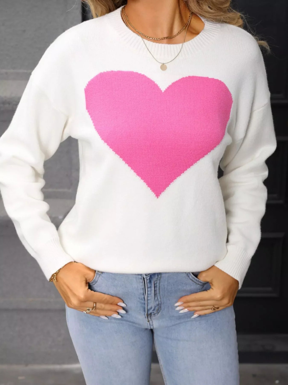 Valentine's Day Heart Round Neck Dropped Shoulder Sweater