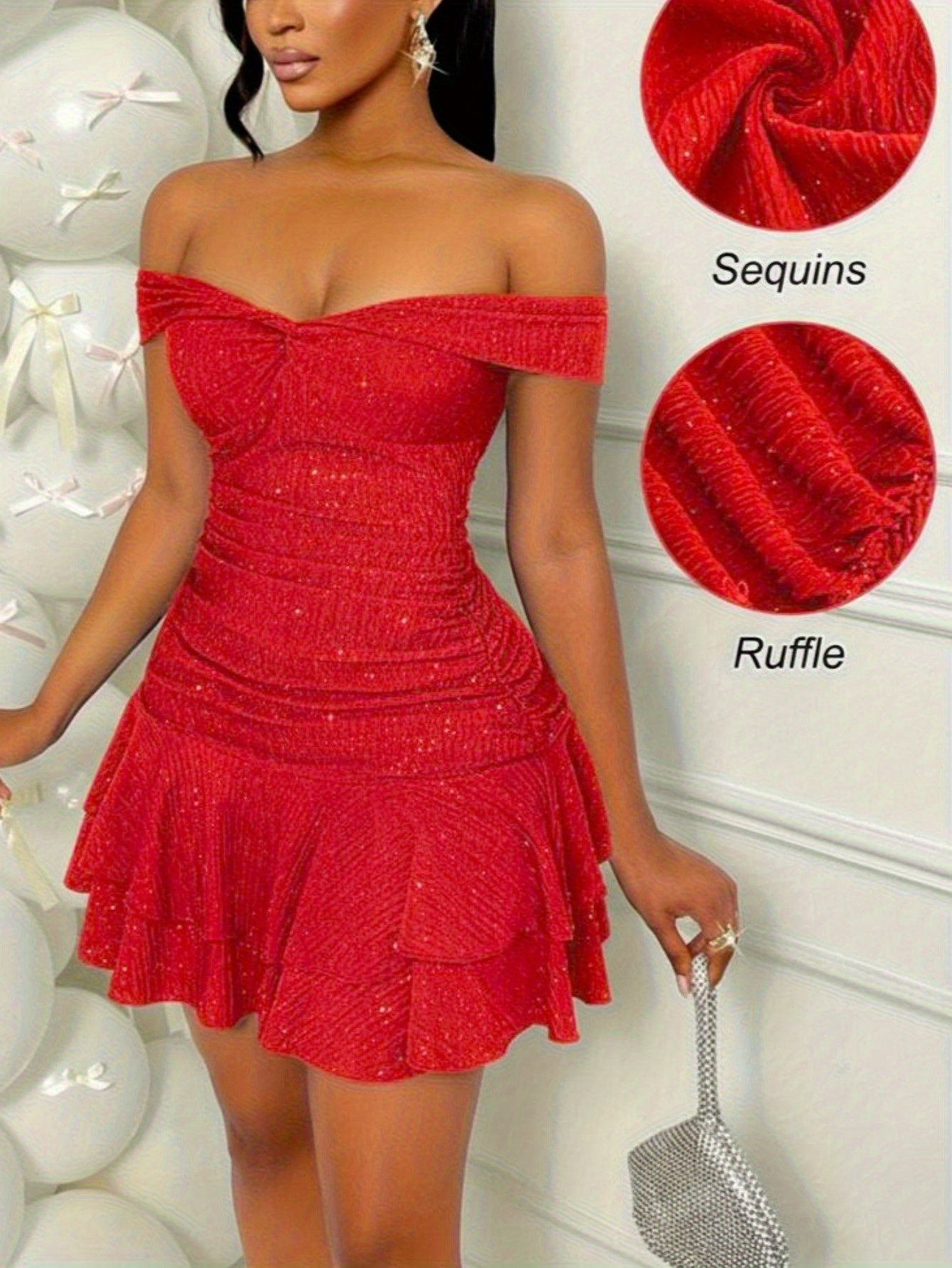 Vestido de lentejuelas con volantes y hombros descubiertos para mujer